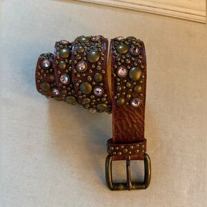 Streets Ahead vintage Burgundy Leather belt embellished w pink crystals S